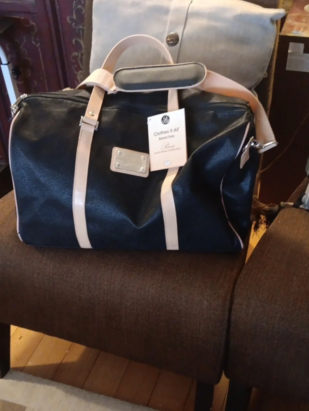 Joy Mangano Brown Black Barrel Tote with Cream Straps